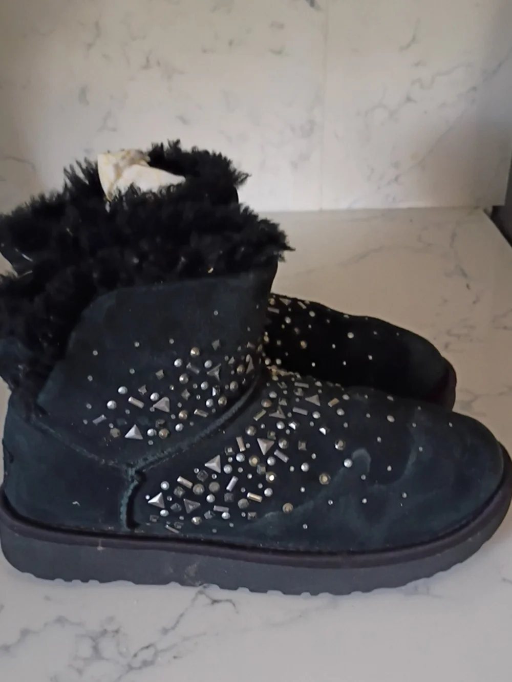 Ugg Women's Black Faux Fur Suede Ankle Boots with Stud Detail